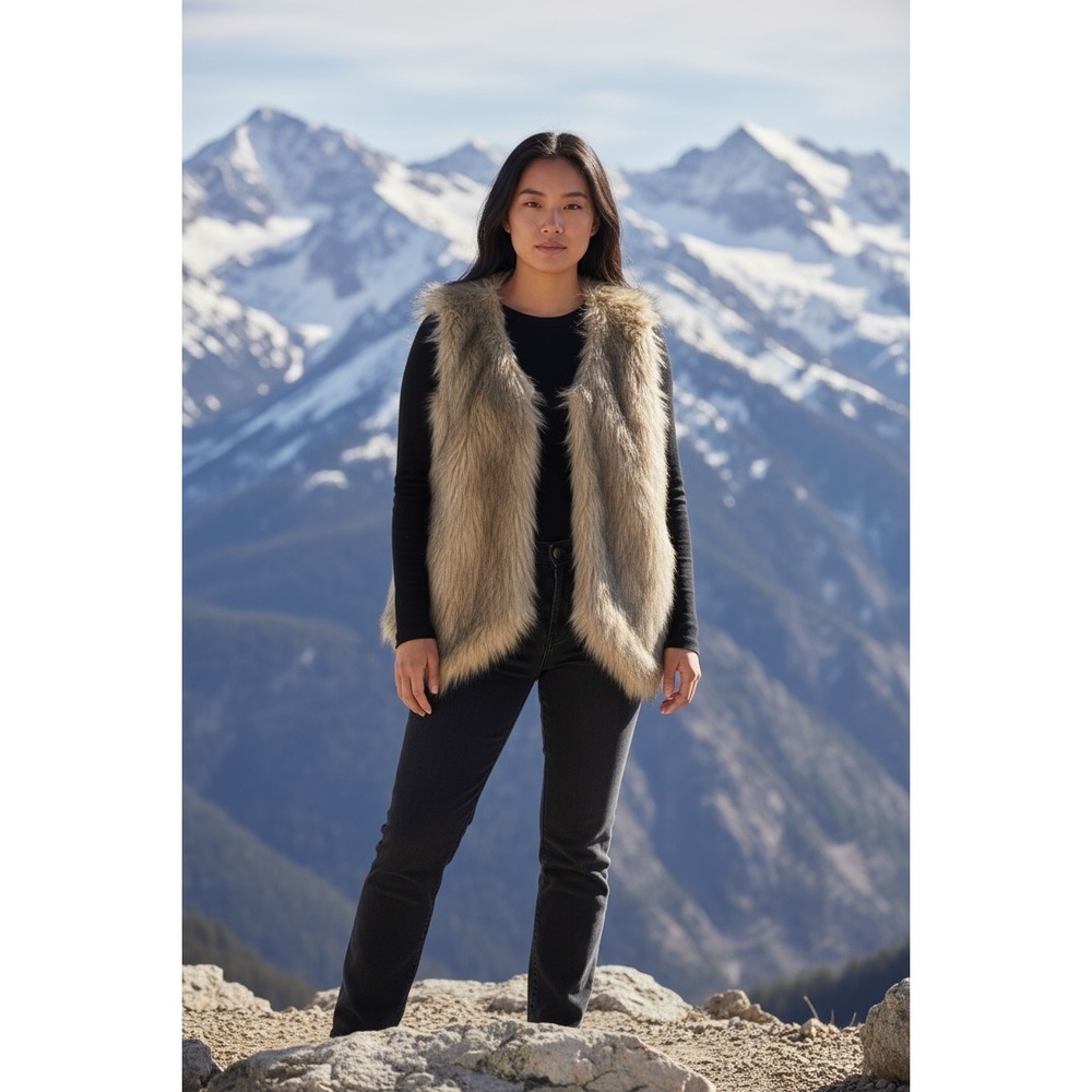 New Directions Women's Beige Knit Faux Fur Trim Open Front Vest Large